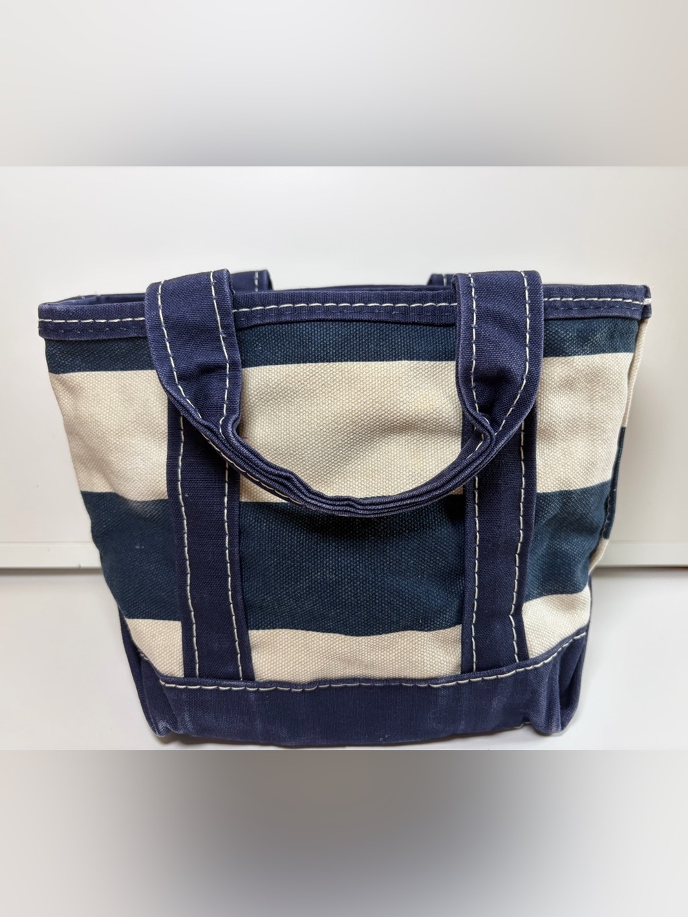 LL Bean Boat & Tote Mini Striped Navy Blue White Canvas VTG 1990s Zip Top - Picture 2 of 16